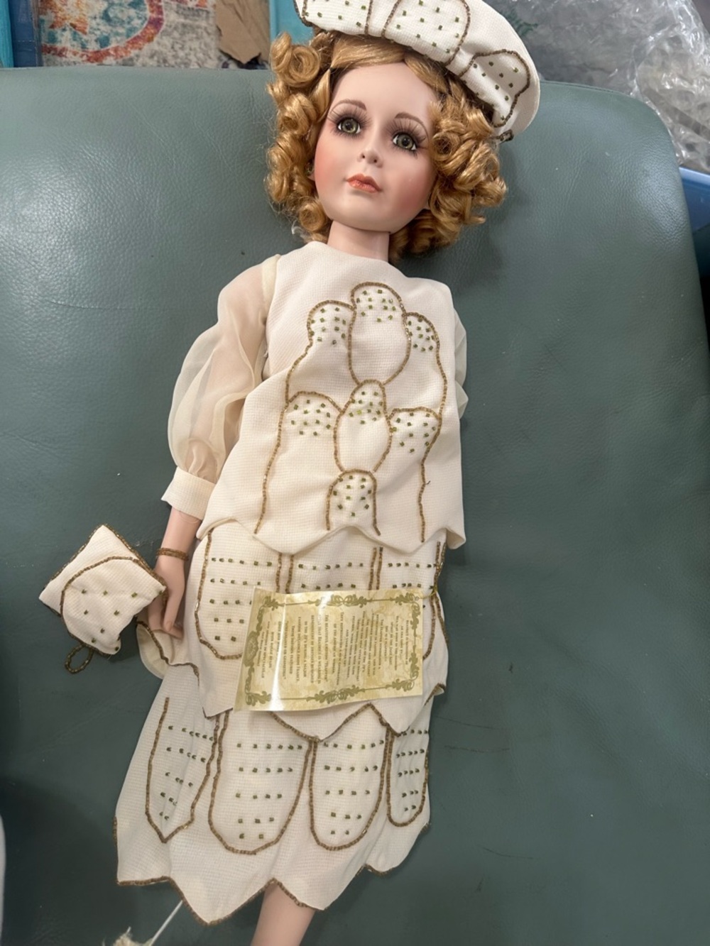 Cream Porcelain Fashion Doll with Gold Trim and Matching Accessories